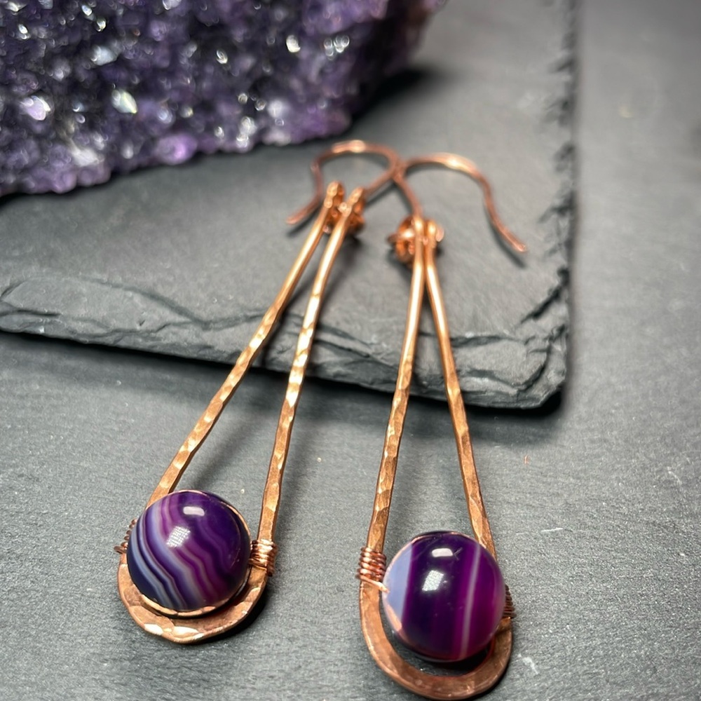 Purple Crazy Laced Agate Hammered Copper Dangle Earrings - Picture 7 of 11